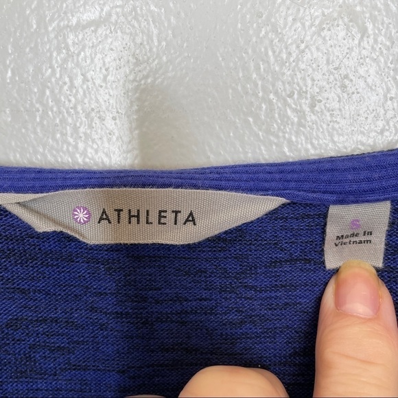 Athleta Heathered Blue Hooded Top Kangaroo Pocket Cross Neck Drop Waist Size S - Picture 6 of 15